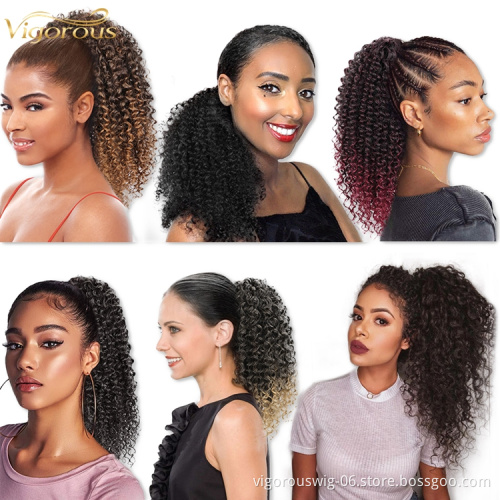 Vigorous long loose wave natural  curly  clip in wrap around drawstring puff high ponytail hai extensions synthetic